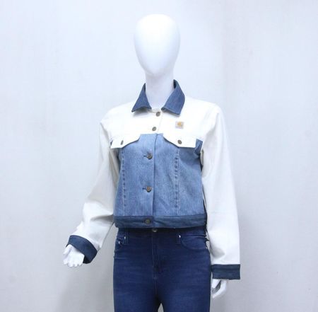 CR1193 Upcycled Cropped Denim Panel Jacket