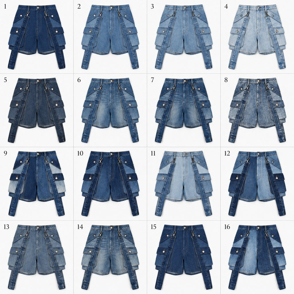 CR2285 UPCYCLED DENIM SUSPENDER CARGO SHORTS