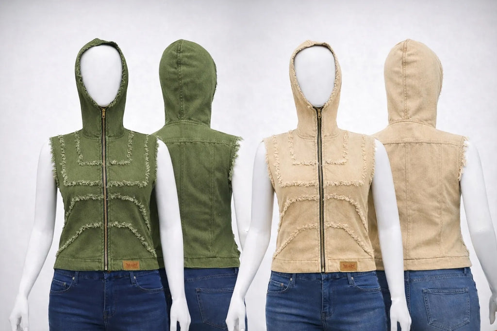 CR1386 Upcycled Raw Edge Denim Hooded Vest