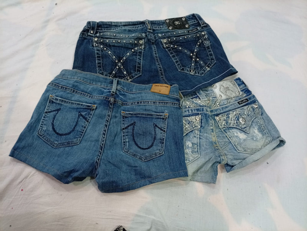 CR11410 Upcycled Miss Me and True Religion Mini Denim Shorts