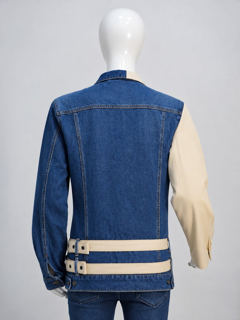CR2269 UPCYCLED DENIM & SUITING HYBRID BELTED JACKET