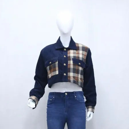 CR1172 Upcycled Plaid-Panel Crop Jacket