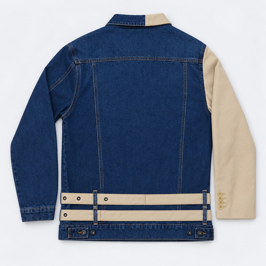 CR2269 UPCYCLED DENIM & SUITING HYBRID BELTED JACKET