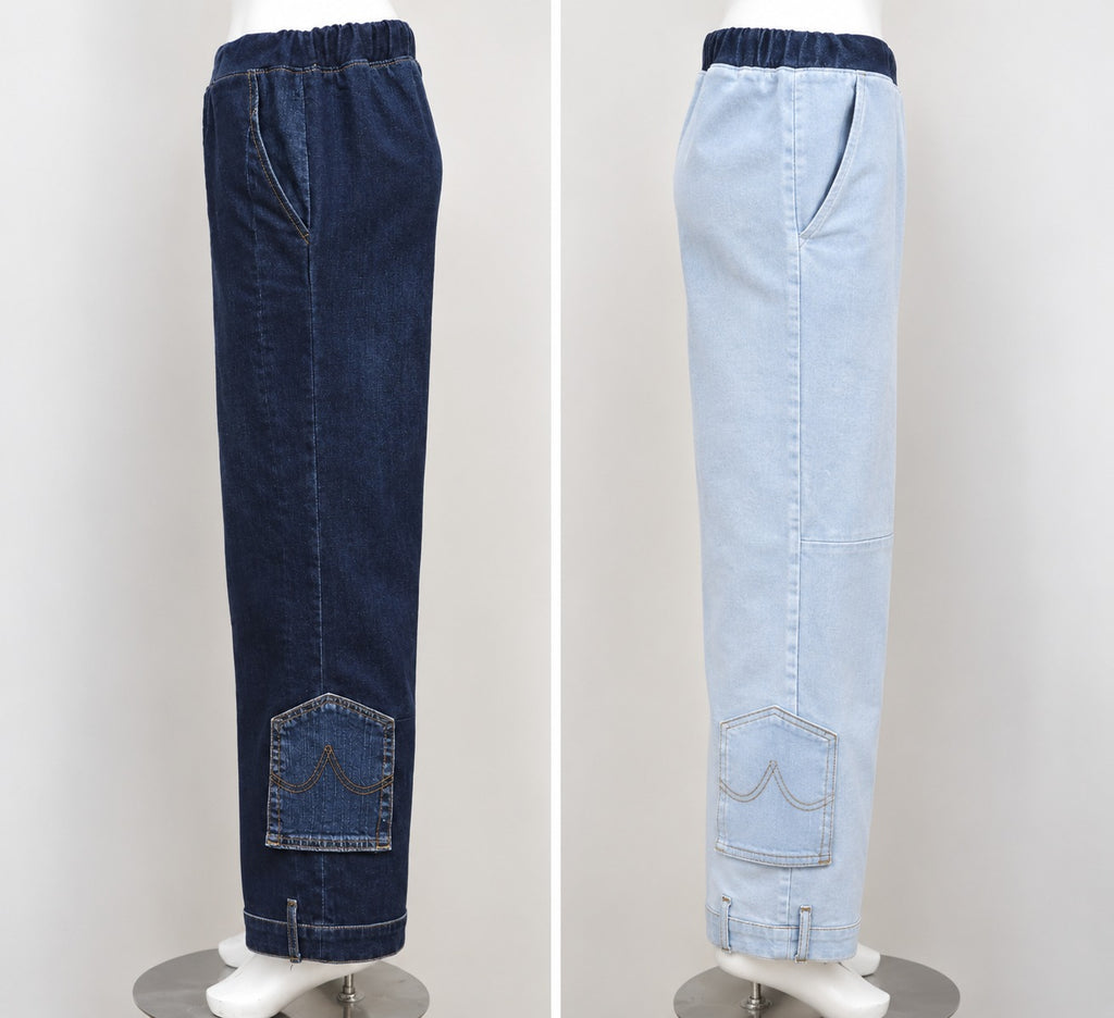 CR2223 UPCYCLED TWO-TONE DENIM WIDE-LEG PANTS