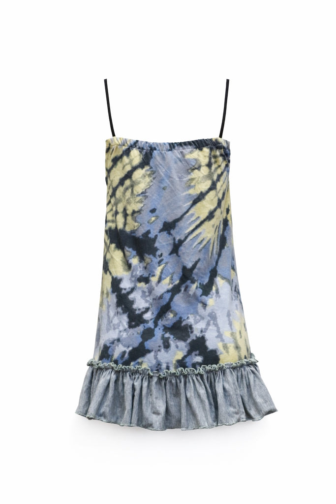 CR1413 Rework Tie-Dye Graphic Mini Dress – Ruffle Hem Slip Style