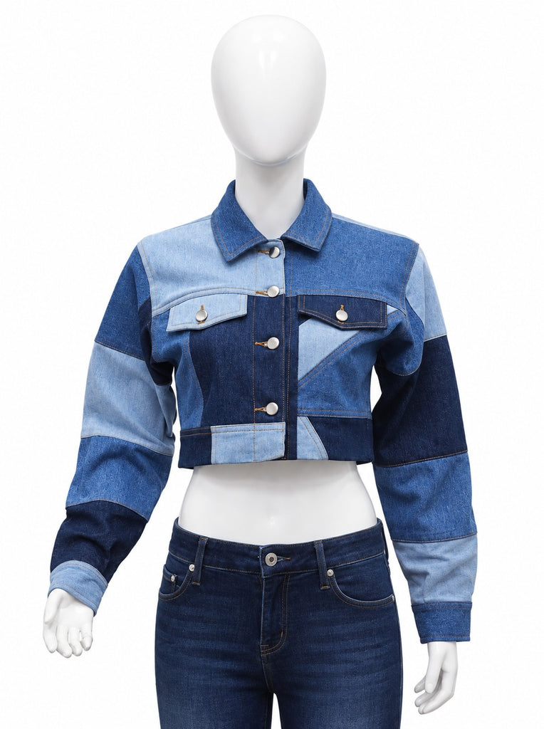 CR2308 UPCYCLED PATCHWORK CROPPED DENIM JACKET