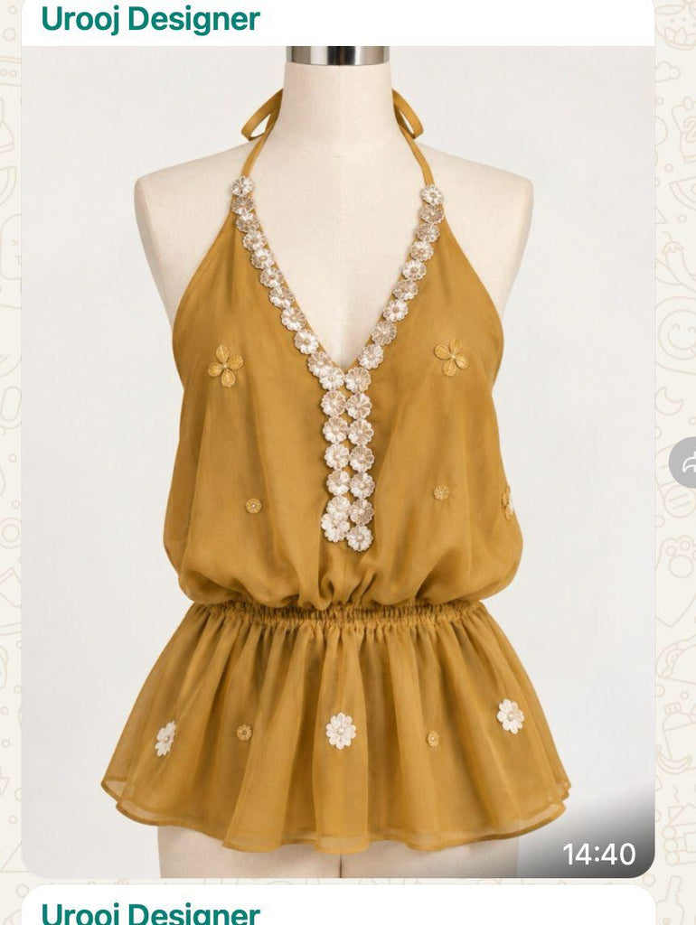 CR2306 UPCYCLED EMBELLISHED HALTER PEPLUM TOP
