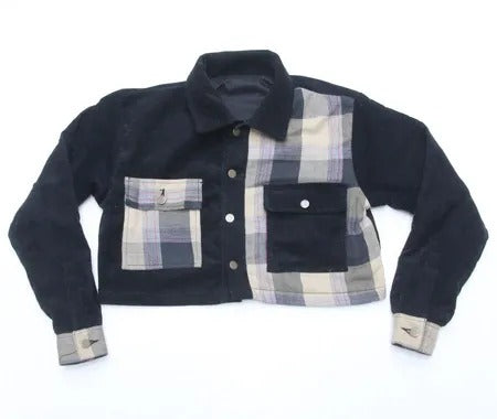 CR1172 Upcycled Plaid-Panel Crop Jacket