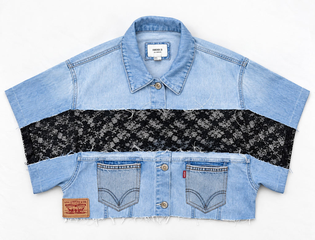 CR2215 UPCYCLED DENIM & LACE DECONSTRUCTED CROP TOP