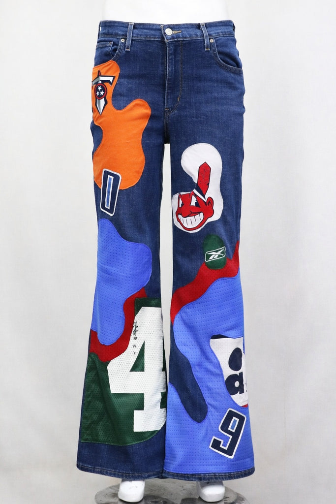 CR1303 Patchwork Graphic Flare Jeans – Rework Streetwear Denim