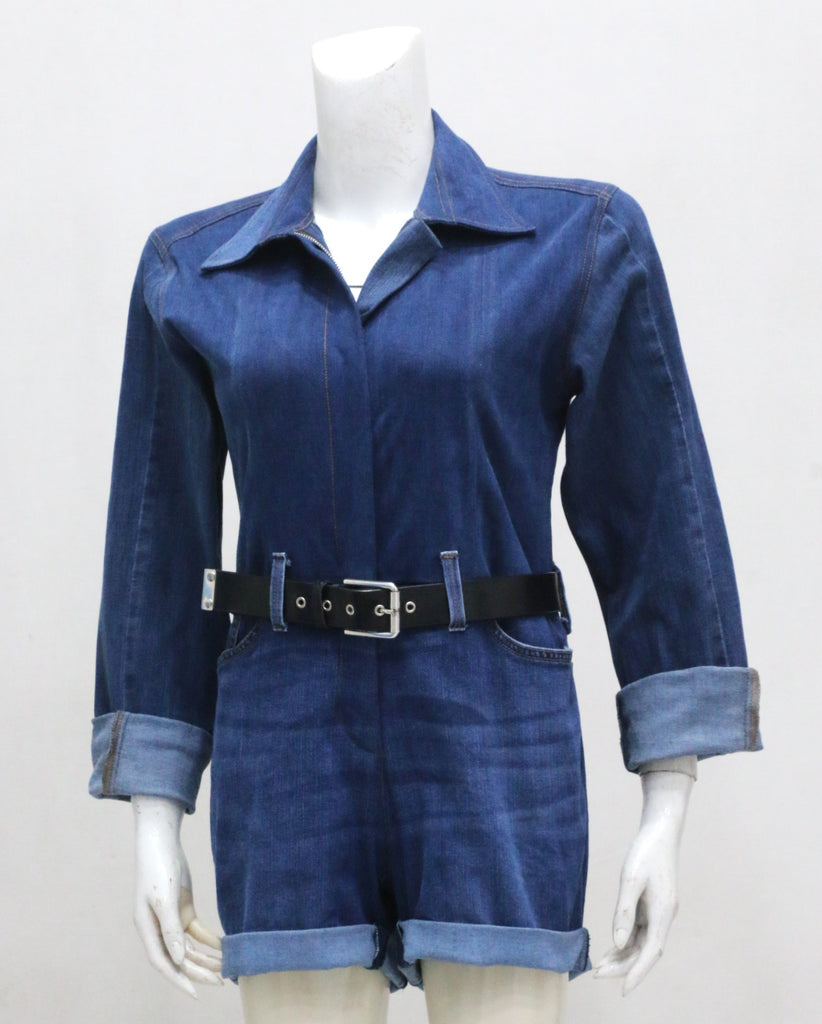 CR2280 UPCYCLED DENIM BELTED ROMPER