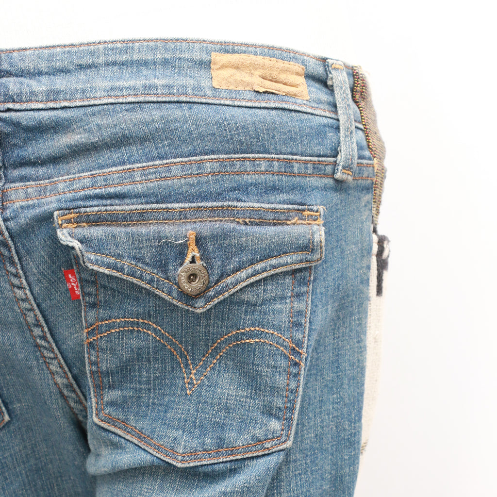 CR7070 Reworked Bell Bottom Flare Denim Jeans with Patchwork