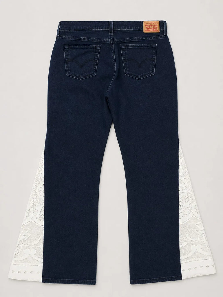 CR2220 UPCYCLED DENIM & LACE PANEL FLARE JEANS