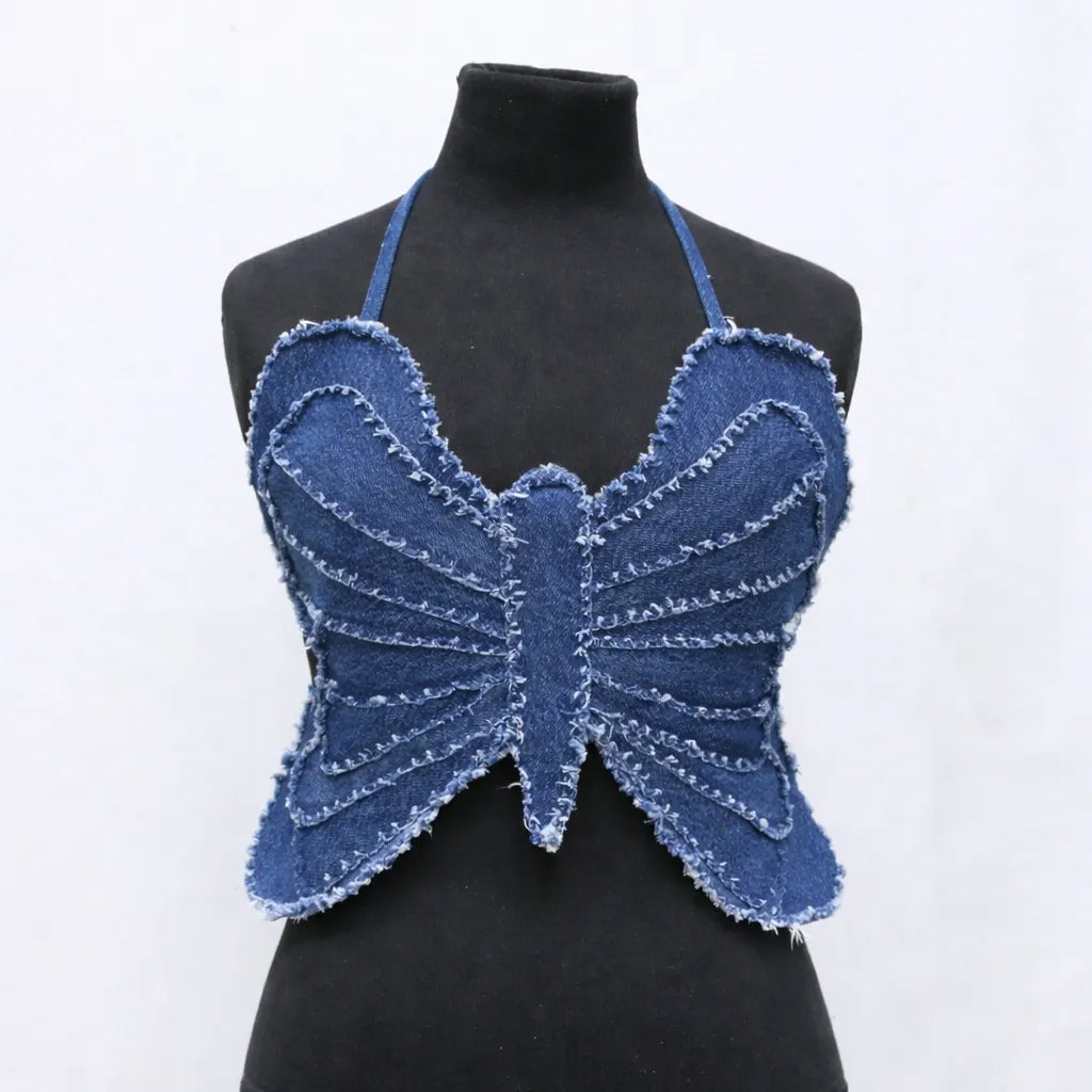 CR1324 Upcycled Denim Butterfly Crop Top