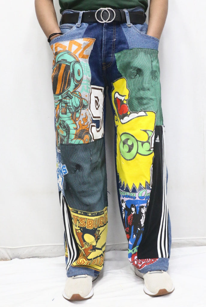 CR1237 Upcycled Graphic Patchwork Denim Jeans