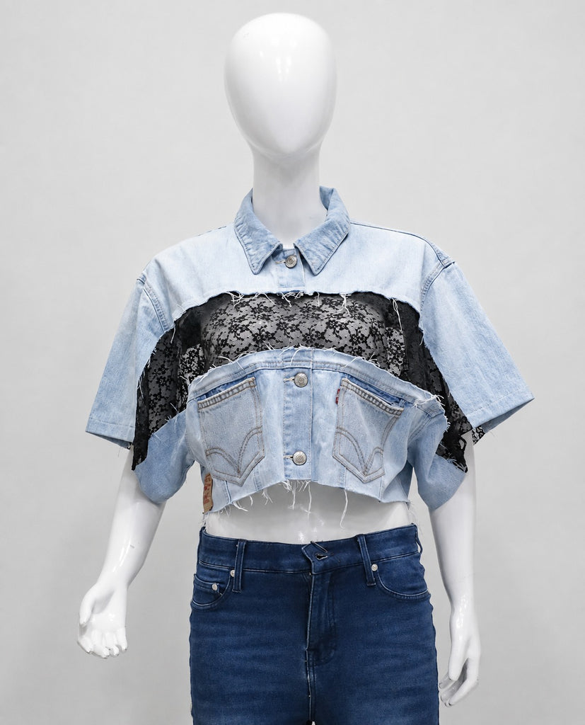 CR2215 UPCYCLED DENIM & LACE DECONSTRUCTED CROP TOP