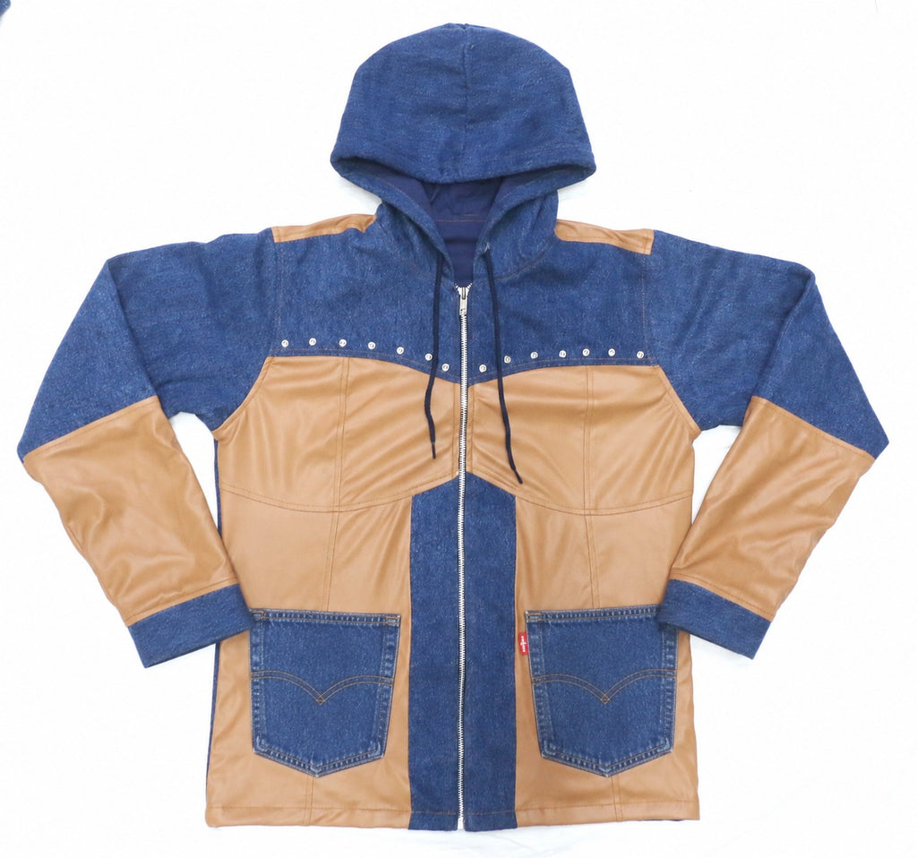 CR2199 UPCYCLED LEVI’S DENIM & FAUX LEATHER HOODED JACKET