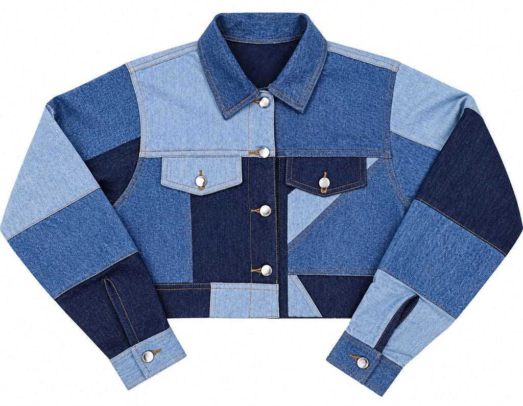 CR2308 UPCYCLED PATCHWORK CROPPED DENIM JACKET