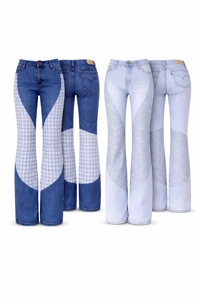 CR1434 Rework Patch Panel Flare Jeans – Mixed Fabric Denim (Y2K Vintage Style)
