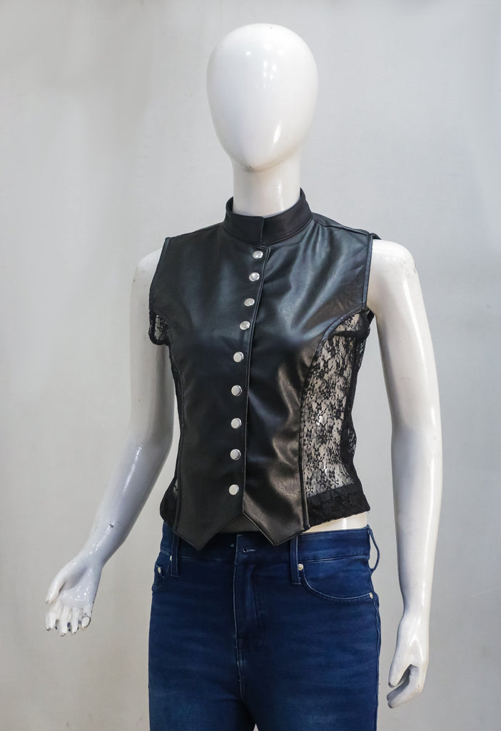 CR2267 UPCYCLED FAUX LEATHER & LACE CORSET VEST