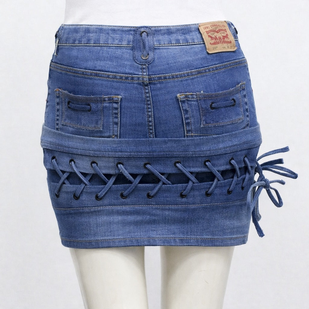 CR1393 Lace-Up Rework Denim Mini Skirt