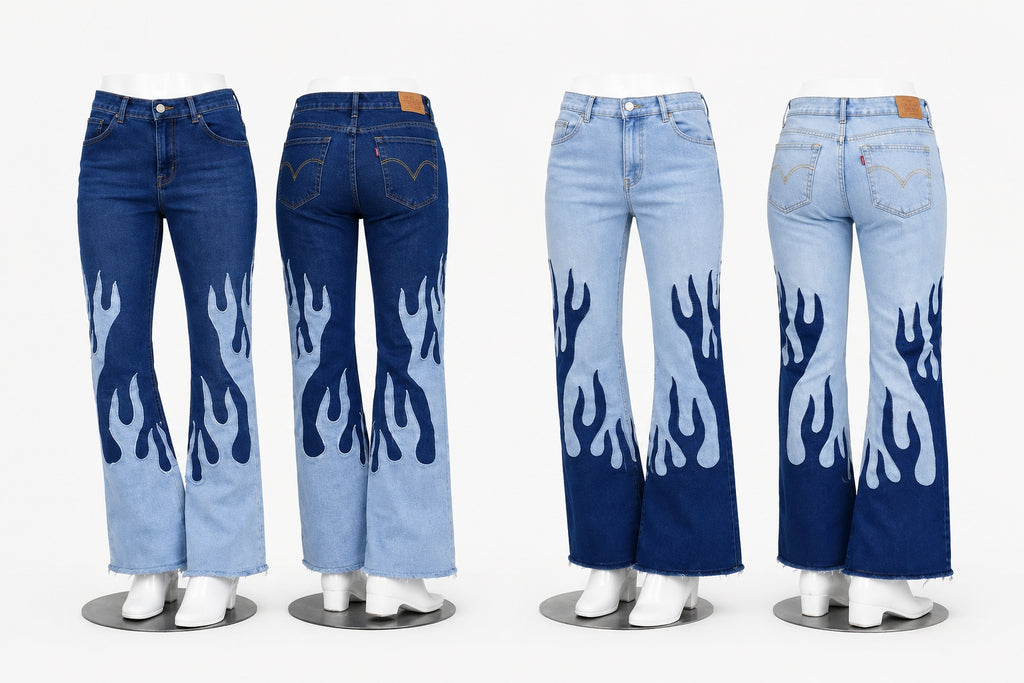 CR1689 UPCYCLED FLAME PANEL DENIM JEANS