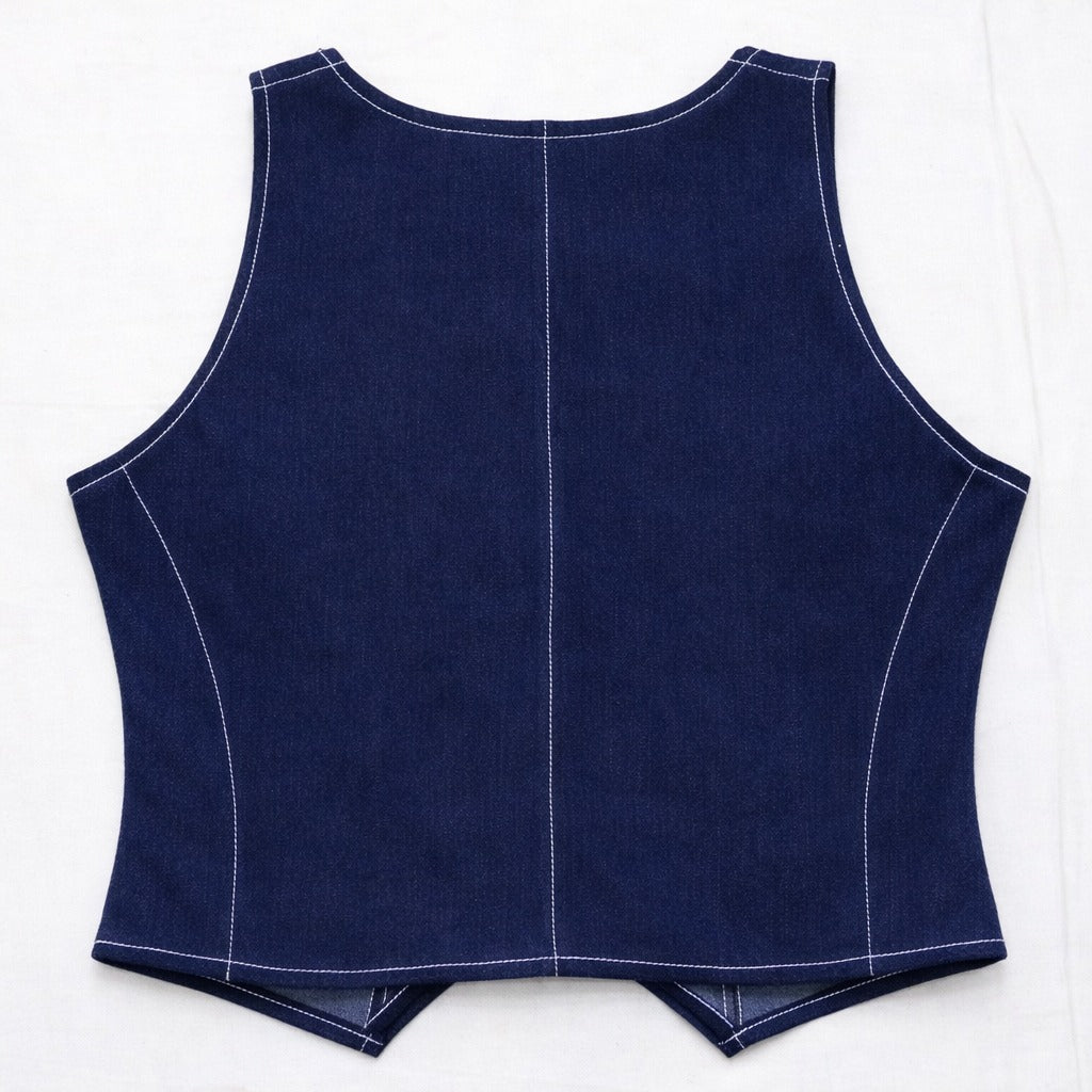 CR17 Women’s Denim Crop Vest – Button Front Sleeveless Waistcoat (Light & Dark Wash)