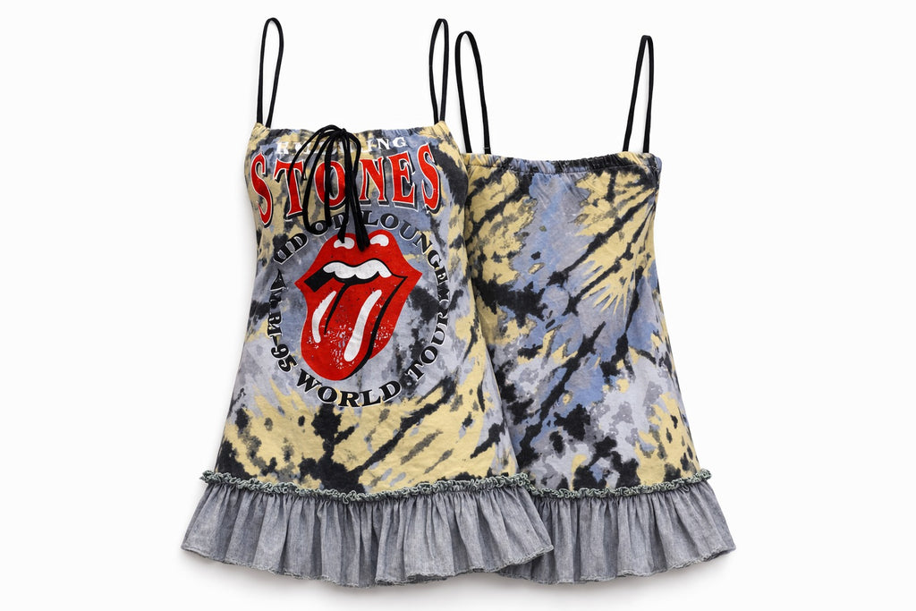CR1413 Rework Tie-Dye Graphic Mini Dress – Ruffle Hem Slip Style