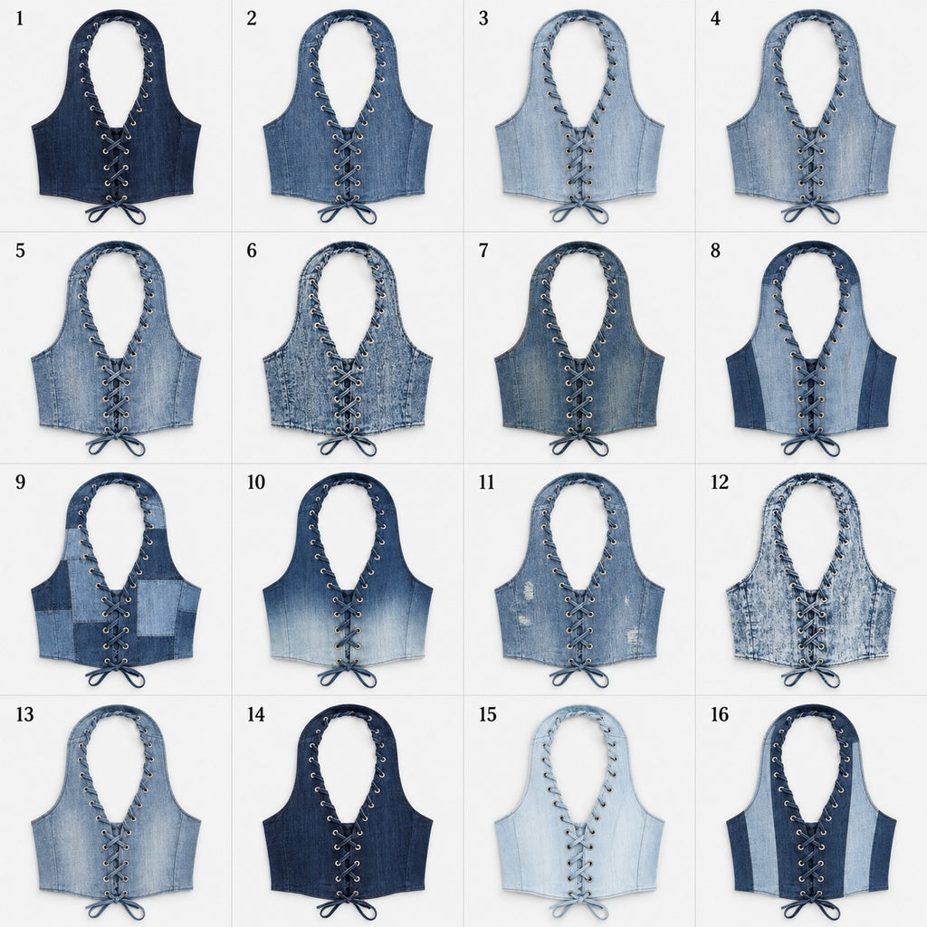 CR2276 UPCYCLED LACE-UP DENIM HALTER CORSET TOP
