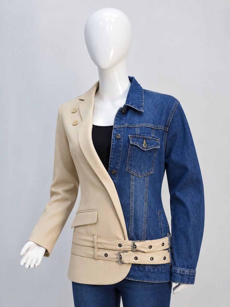 CR2269 UPCYCLED DENIM & SUITING HYBRID BELTED JACKET