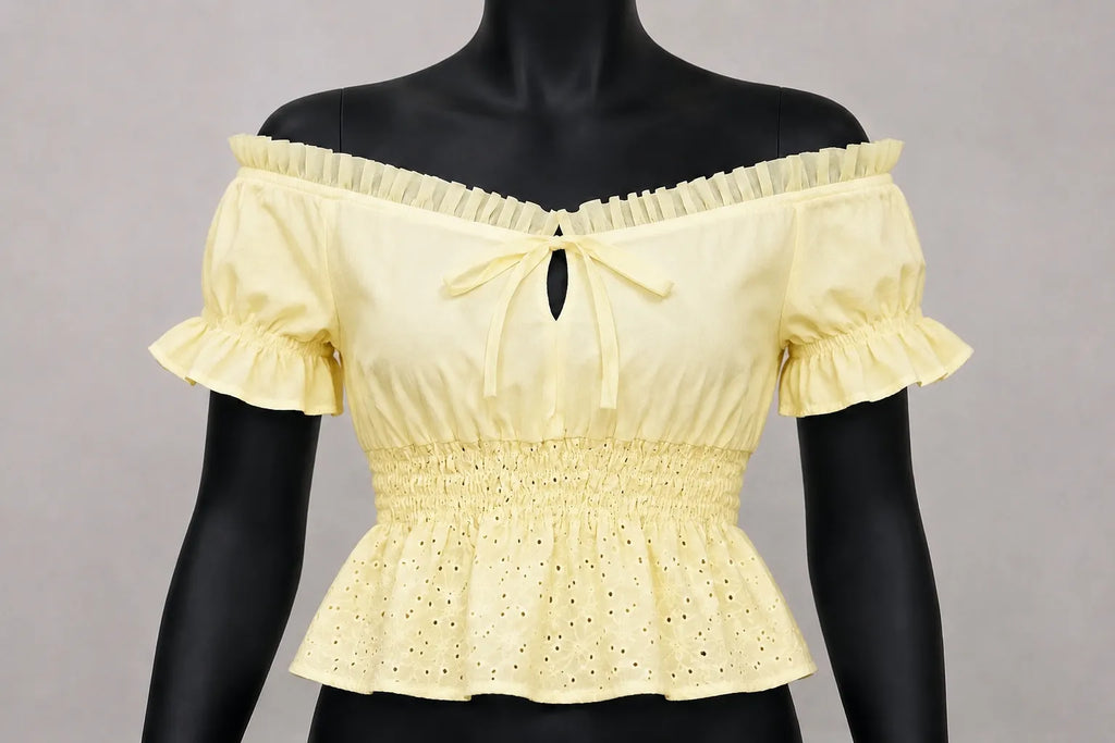 CR1666 UPCYCLED OFF SHOULDER PEPLUM TOP