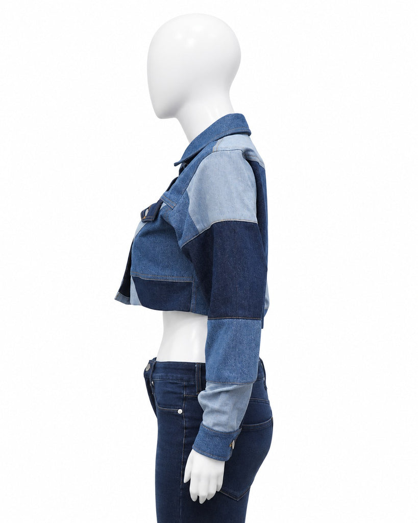 CR2308 UPCYCLED PATCHWORK CROPPED DENIM JACKET