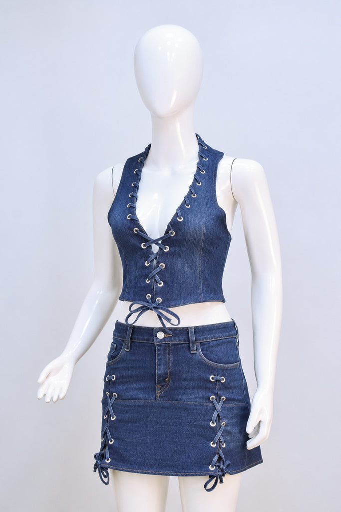 CR2278 UPCYCLED LACE-UP DENIM CO-ORD SET