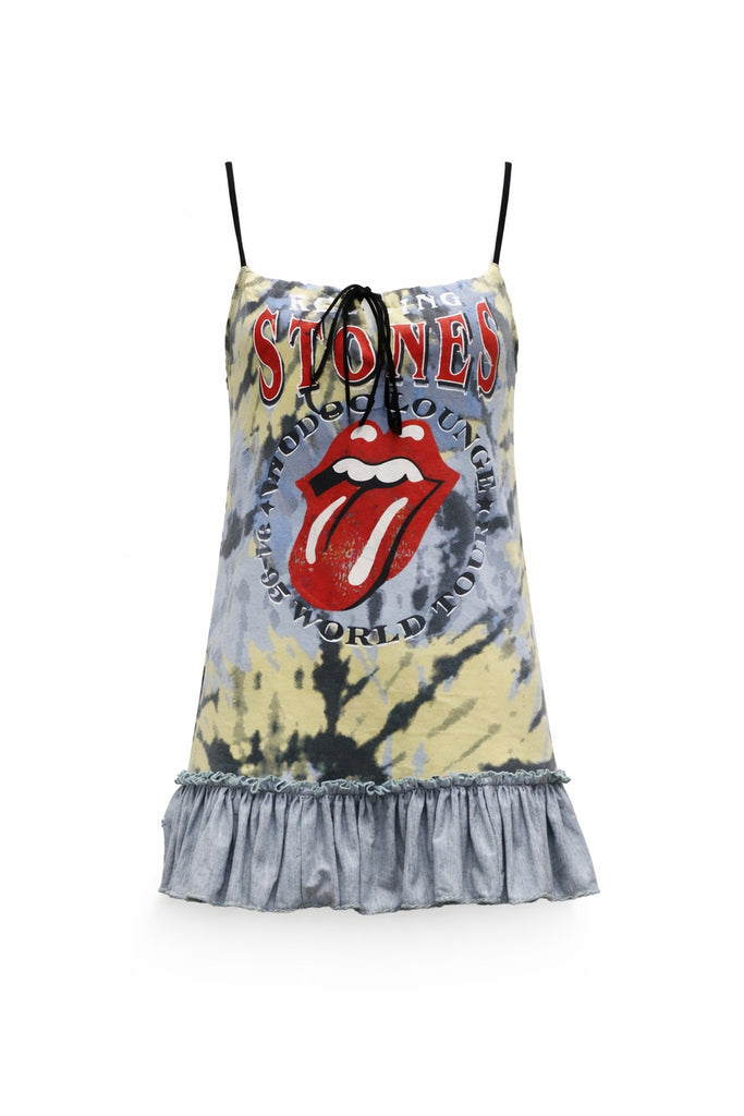 CR1413 Rework Tie-Dye Graphic Mini Dress – Ruffle Hem Slip Style