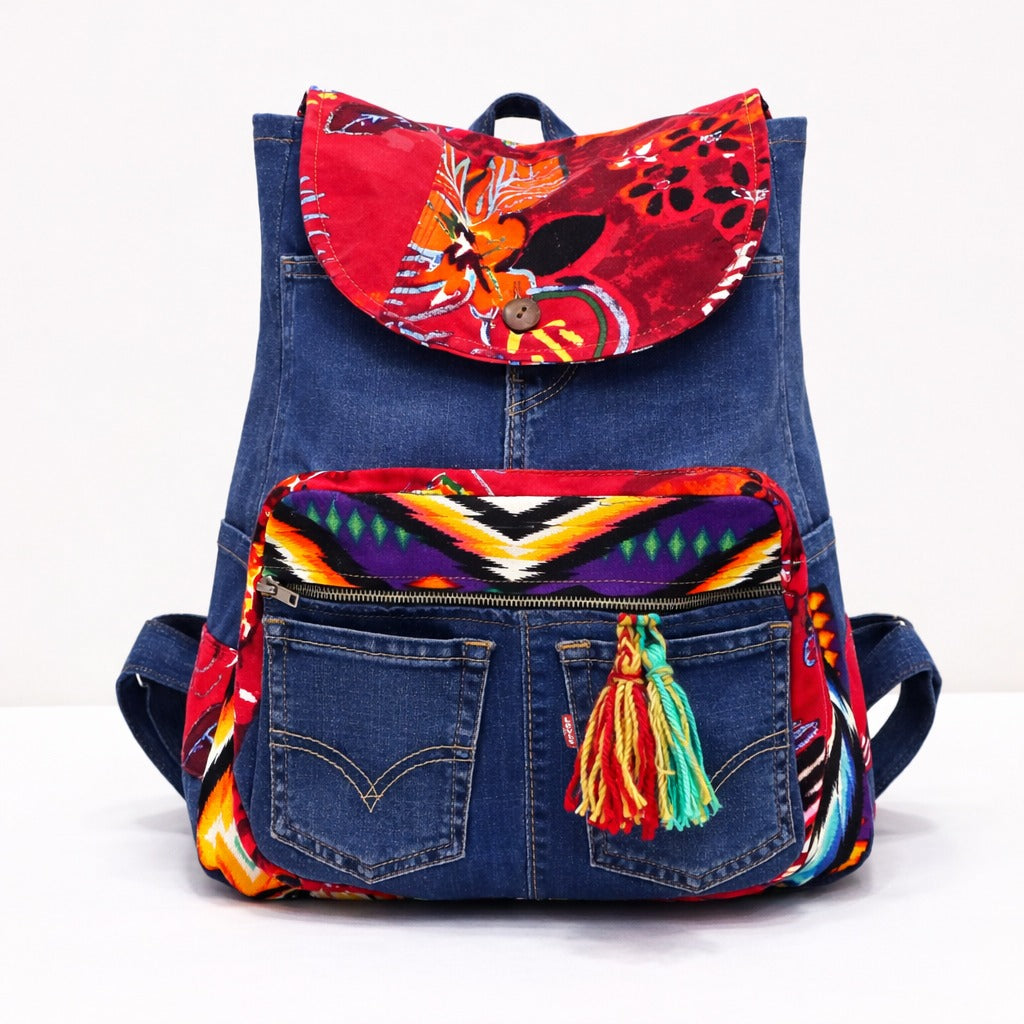 CR1395 Upcycled Denim & Printed Patchwork Backpack