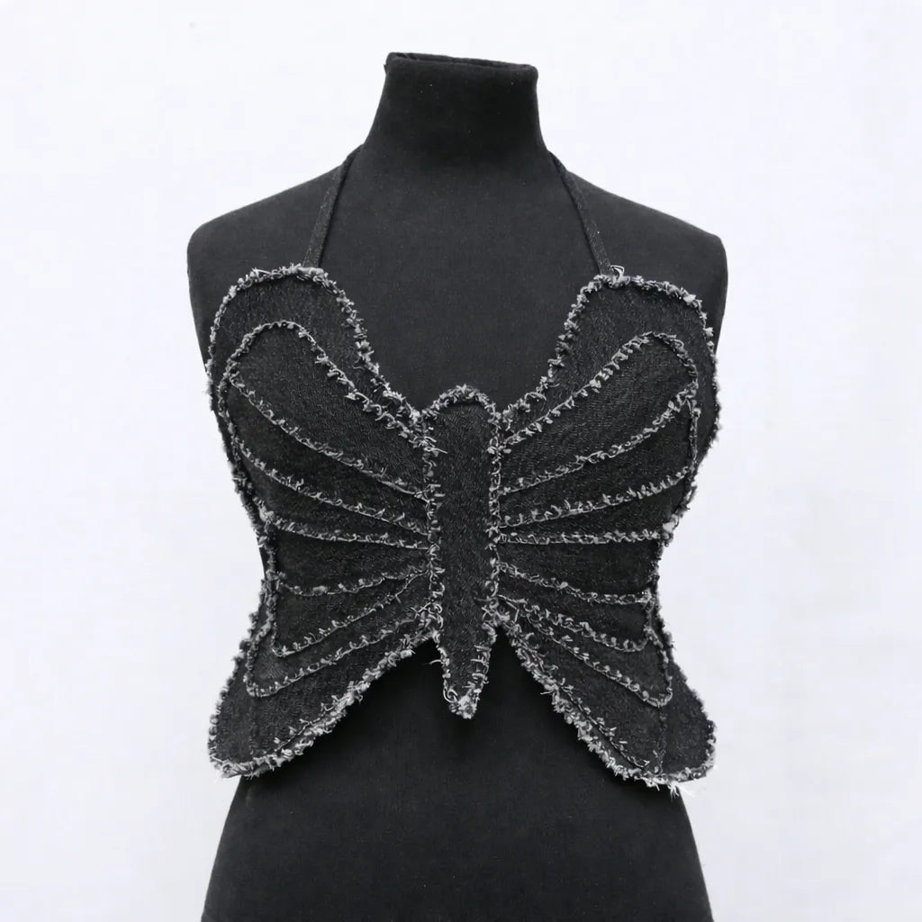 CR1324 Upcycled Denim Butterfly Crop Top