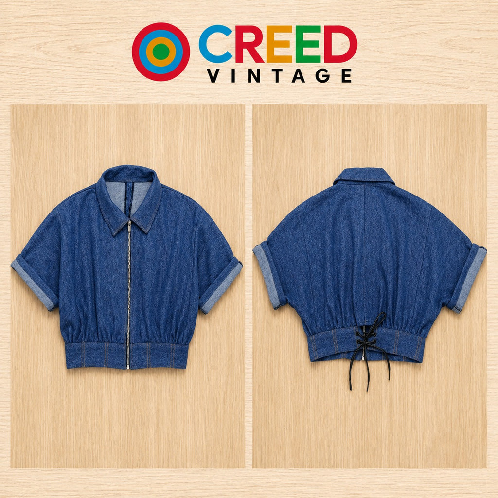 CR2218 UPCYCLED DENIM CROPPED ZIP BLOUSE