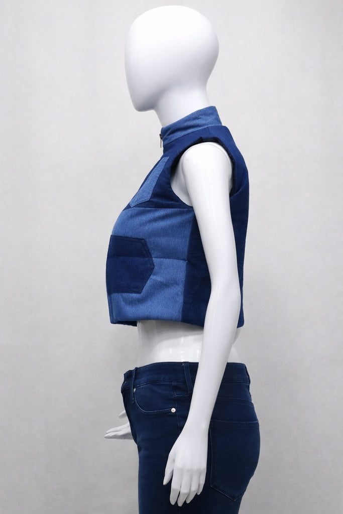 CR1417 Rework Two-Tone Denim Puffer Vest – Cropped Patchwork Style