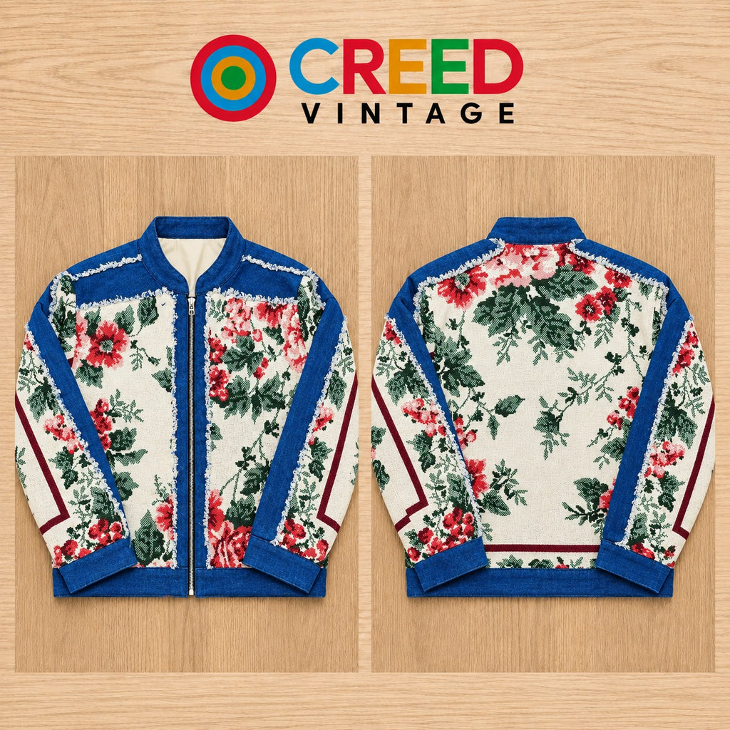 CR2303 UPCYCLED DENIM & FLORAL TAPESTRY ZIP JACKET
