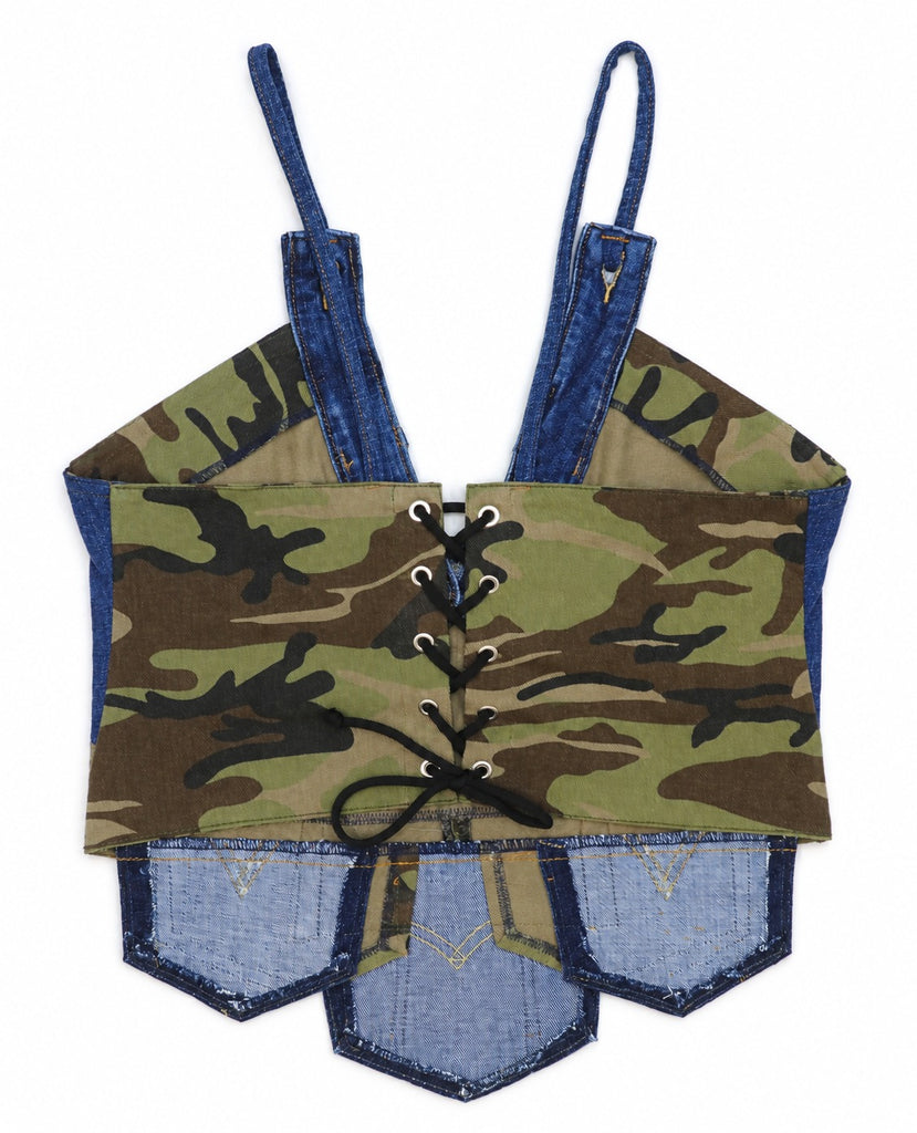CR2300 UPCYCLED CAMO & DENIM OVERALL CORSET TOP