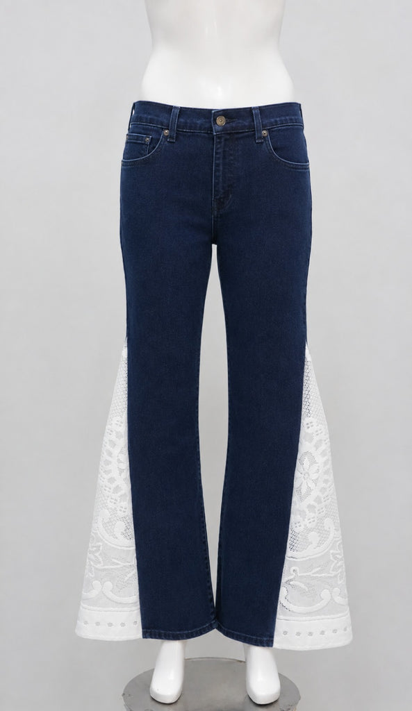 CR2220 UPCYCLED DENIM & LACE PANEL FLARE JEANS