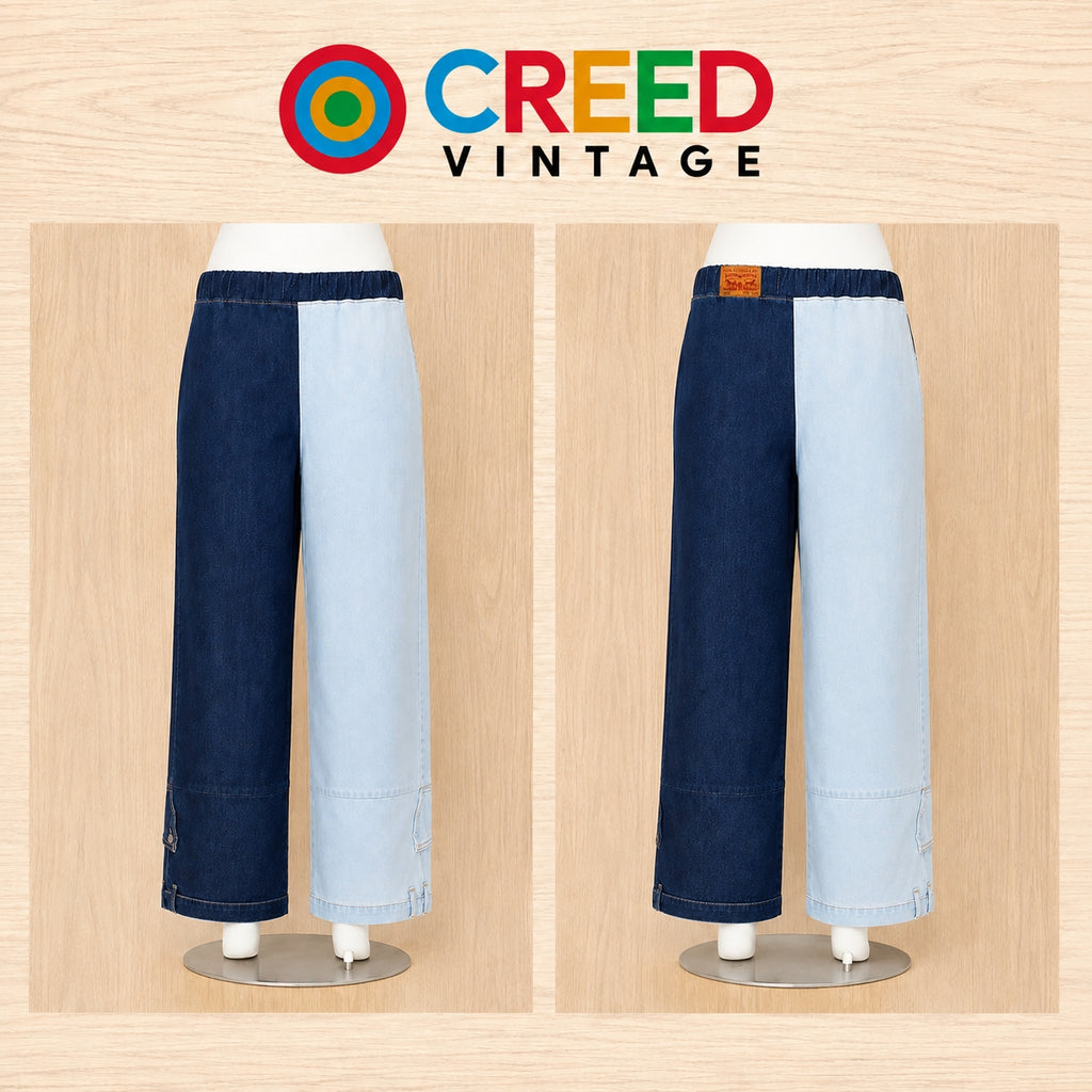 CR2223 UPCYCLED TWO-TONE DENIM WIDE-LEG PANTS