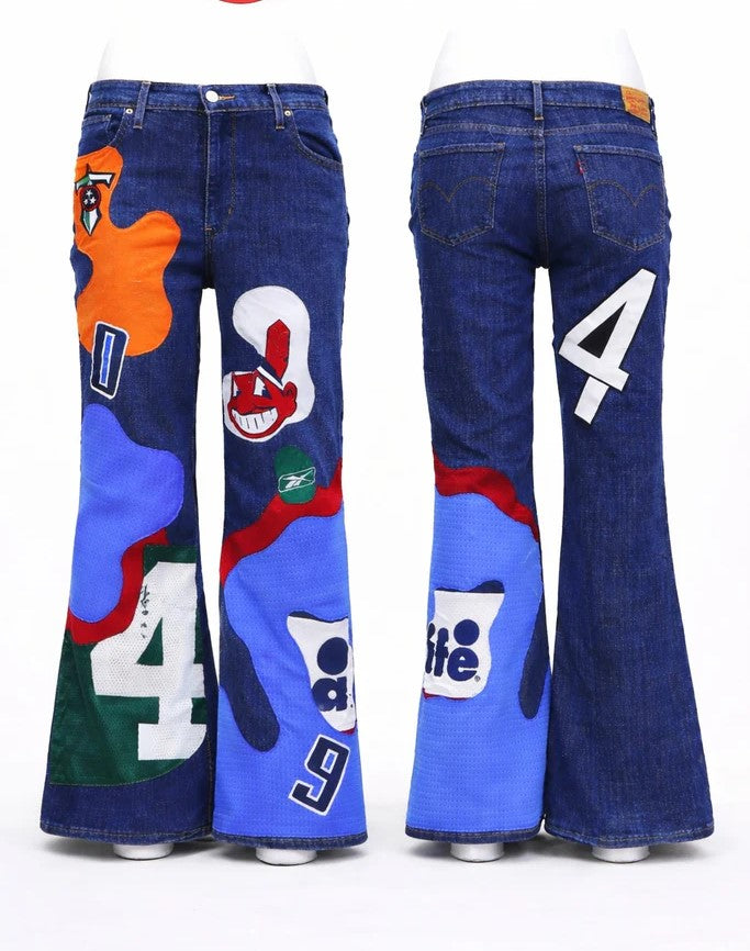 CR1303 Patchwork Graphic Flare Jeans – Rework Streetwear Denim