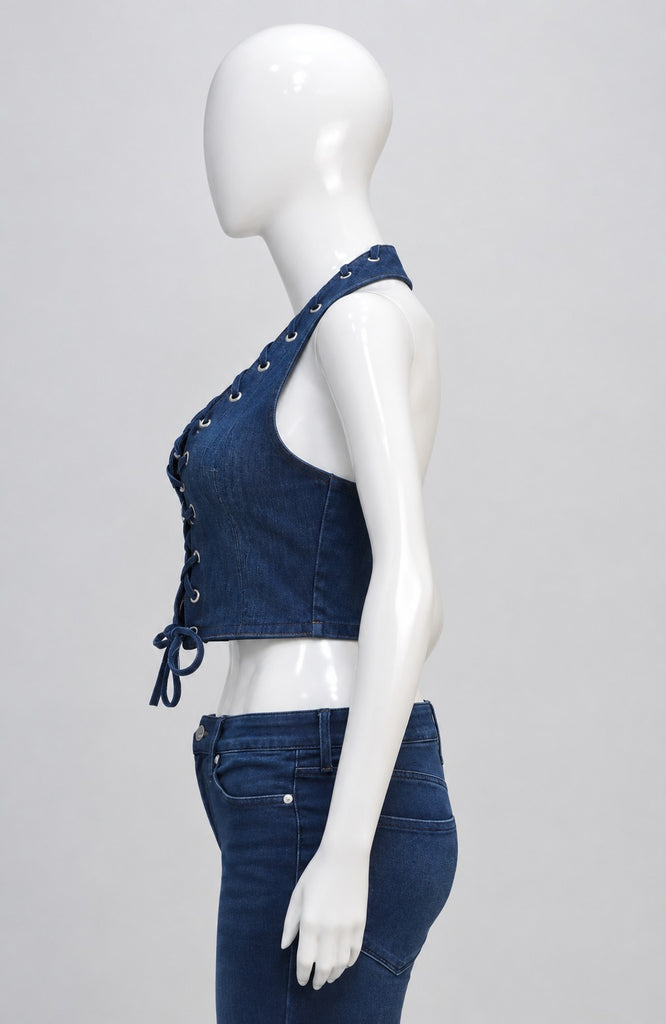 CR2276 UPCYCLED LACE-UP DENIM HALTER CORSET TOP