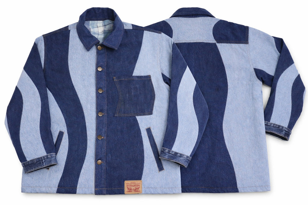 CR1392 Patchwork Denim Chore Jacket Patchwork Denim Jacket – Two-Tone Wave Panel Workwear (Unisex)