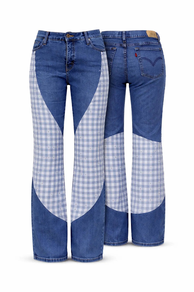 CR1434 Rework Patch Panel Flare Jeans – Mixed Fabric Denim (Y2K Vintage Style)