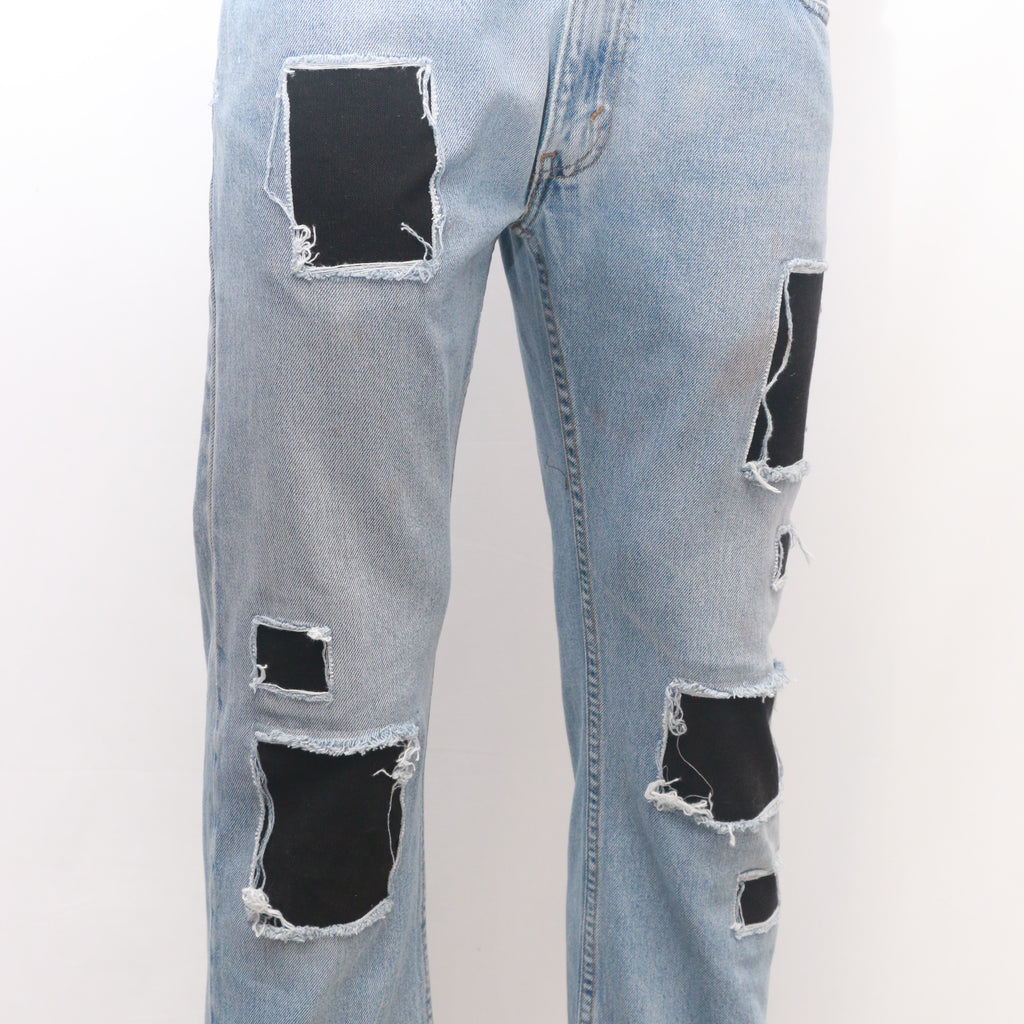 CR084 Trendy Pair Of Reworked Denim Pants Contrast Panels
