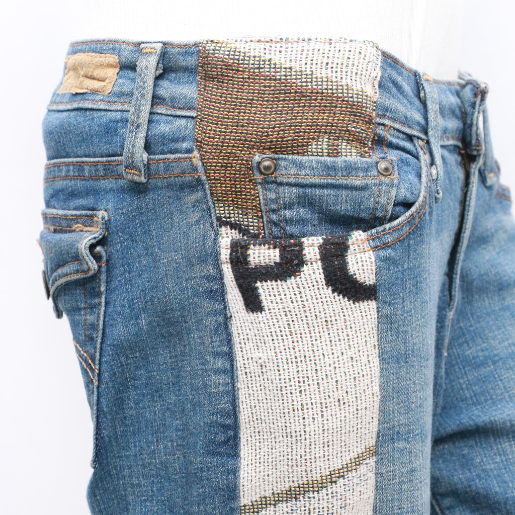 CR7070 Reworked Bell Bottom Flare Denim Jeans with Patchwork