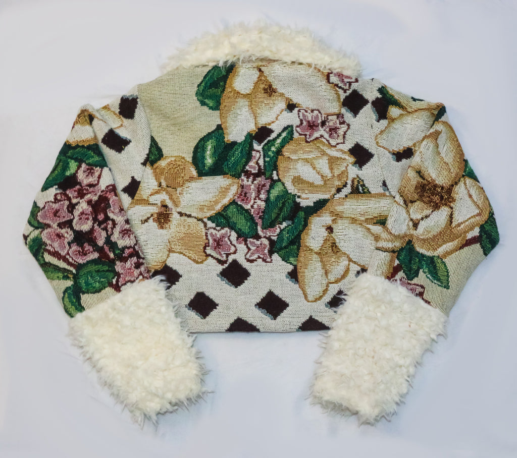 CR2290 UPCYCLED TAPESTRY & SHERPA CROP JACKET