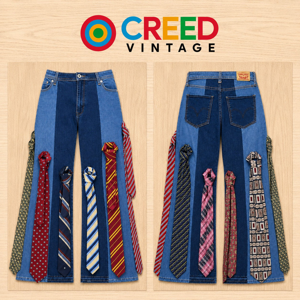 CR2194 UPCYCLED NECKTIE APPLIQUÉ FLARE DENIM JEANS